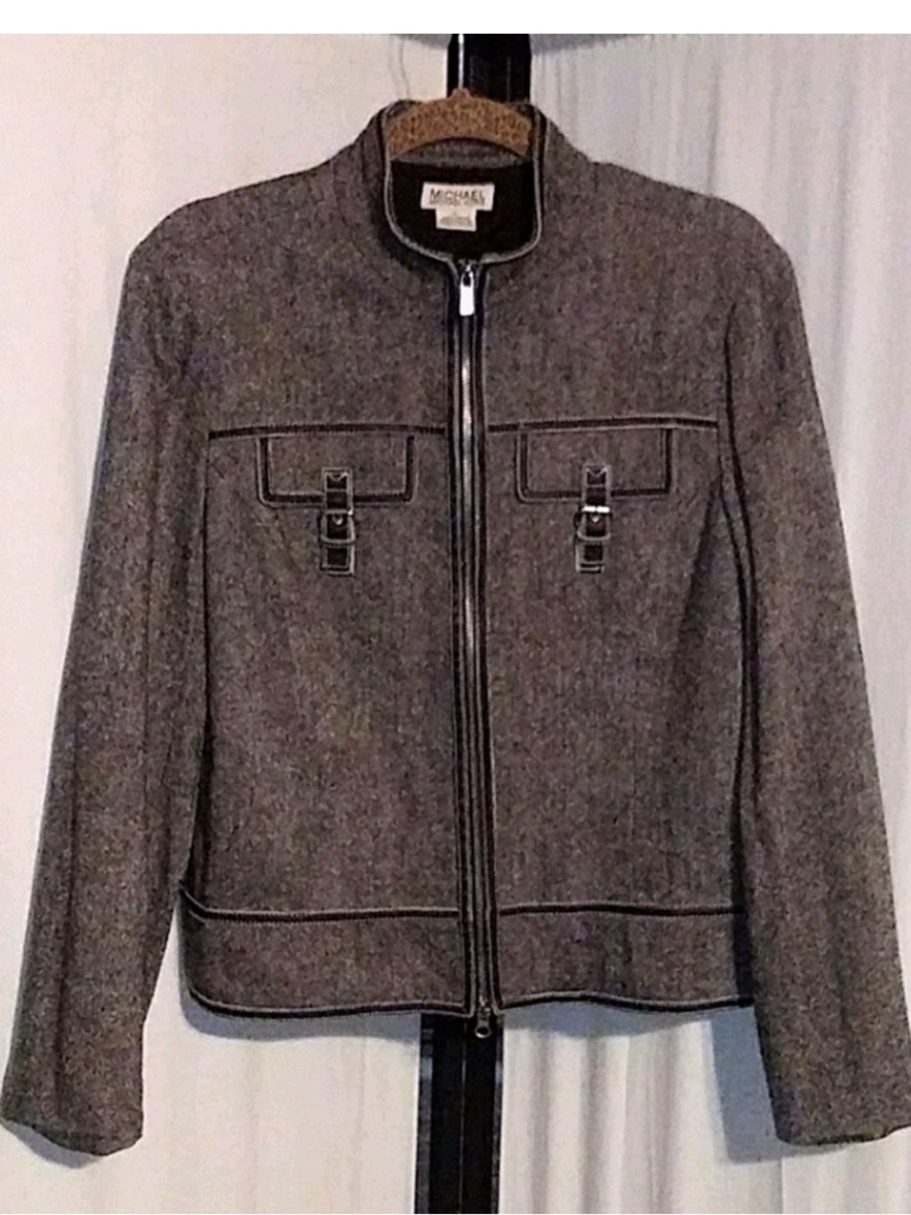 Michael Michael Kors Jacket Womens Large Gray Wool Blend Moto Zip Buckle Trim